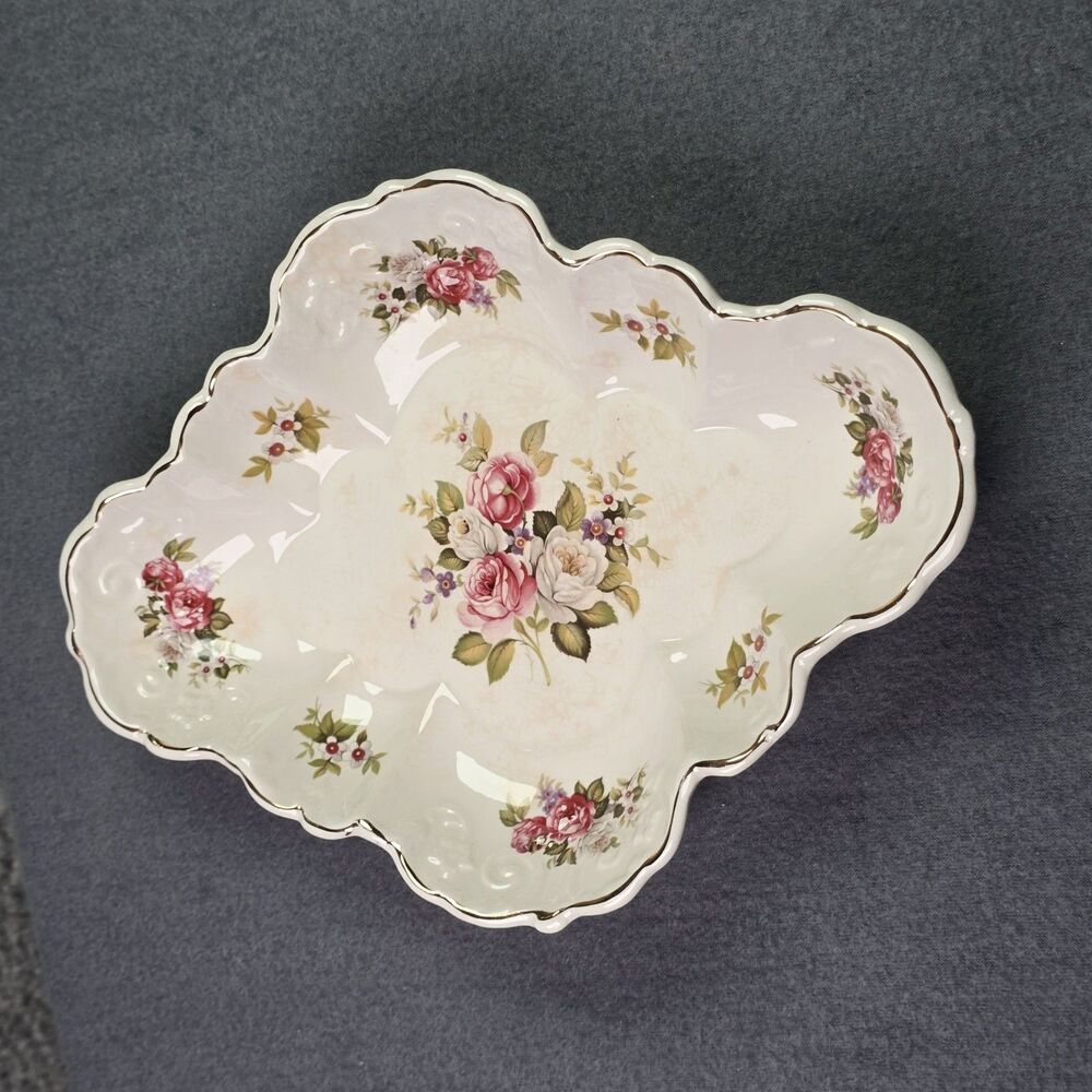 Vintage James Kent Old Foley Scalloped Porcelain Dish Pink Roses Gold Trim